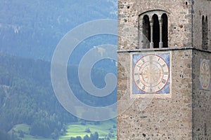 Submerged tower of reschensee church deep in Resias Lake in Trentino-Alto valley