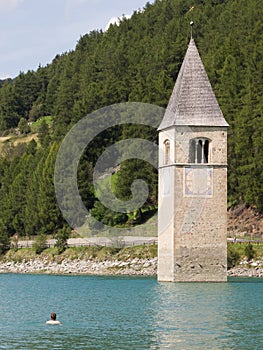 Submerged tower of reschensee church, man swimming next to it