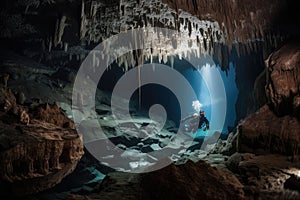 submersible dives into underwater cave system, with stalactites and stalagmites visible