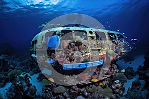 submersible, surrounded by schools of fish and colorful coral reef