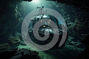 submersible, with view of dark and mysterious underwater cave system