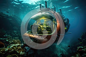 submersible with view of the vibrant ocean floor, teeming with life