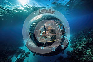 submersible with view of the vibrant ocean floor, teeming with life