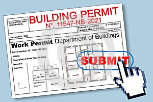 SUBMITTING FOR A BUILDING PERMIT CONCEPT with fictional Building Permit and submit icon web