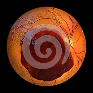 A subretinal hemorrhage as observed during ophthalmoscopy, 3D illustration