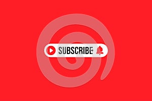 Subscribe button with bell icon. Red button for channel and video blog in social media on a red background. Flat vector