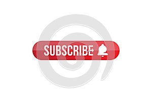 Subscribe button with bell icon. Red button for channel and video blog in social media on white background. Flat vector