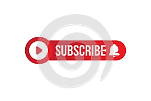 Subscribe button with bell icon. Red button for channel and video blog in social media on white background. Flat vector