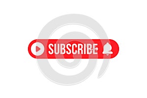 Subscribe button with bell icon. Red button for channel and video blog in social media on white background. Flat vector