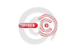 Subscribe button with bell icon. Red button for channel and video blog in social media on white background. Flat vector