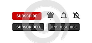 Subscribe button with bell icon for social media content, vector. Play video notification in flat style