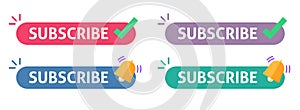 Subscribe button icon with check mark and bell vector graphic illustration set red blue purple green color, subscription flat photo
