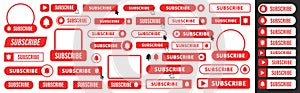 Subscribe button. Set of red subscribe button template. Cursor or hand. Social media icons. Streaming video. Vector illustration