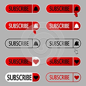 Subscribe button. Set of subscribing icons with bell and with like photo