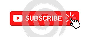 Subscribe button for social media. Subscribe to video channel, blog and newsletter. Red button with hand cursor for subscription