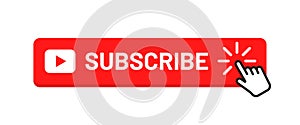 Subscribe button for social media. Subscribe to video channel, blog and newsletter. Red button with hand cursor for subscription photo