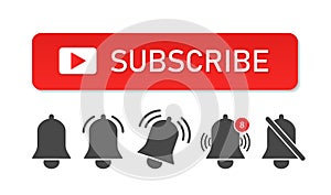 Subscribe button for video channel. Subscription icon with bells. Red logo for social click. Symbol of media player. Background