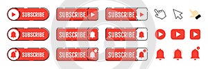 Subscribe, call button and hand cursor. Red button for subscribing to a channel, blog. Social network web button, channel element photo