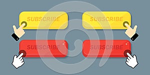 Subscribe, call button and hand cursor. Red and yellow button for subscribing to a channel, blog. Marketing. Vector illustration photo