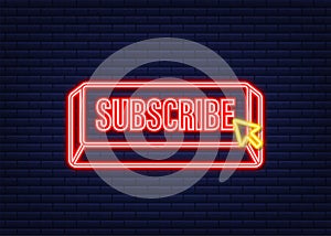 Subscribe with cursor button. Internet icon. Pointer click neon icon. Vector stock illustration.