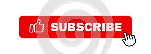 Subscribe icon with cursor. Bell button and hand cursor. Red button subscribe to channel, blog. Social media background. Marketing