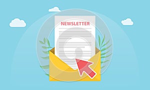 Subscribe newsletter concept isolated with news paper and open envelope and subscribing arrow click