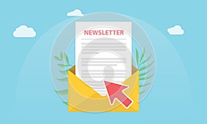 Subscribe newsletter concept isolated with news paper and open envelope and subscribing arrow click photo