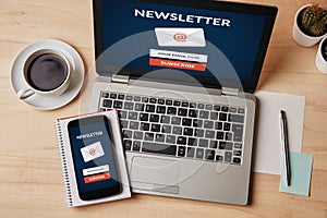 Subscribe newsletter concept on laptop and smartphone screen