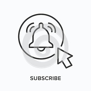 Subscribe now flat line icon. Vector outline illustration of button with bell and arrow. Notification on thin linear