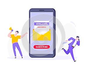 Subscribe now to our newsletter vector illustration with tiny people working with smartphone, envelope and newsletter.