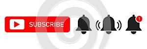 Subscribe red button abd notification bells isolated symbols. Smartphone social media interface. Message bell icon