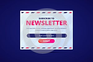 Subscribe to newsletter card with email input and submit button.