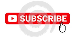 Subscribe web site button. Online video channel or newsletter subscribe button with finger pointer, vector web element