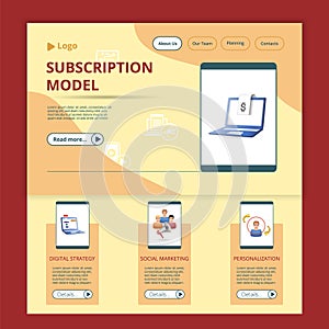 Subscription model flat landing page website template. Digital strategy, social marketing, personalization. Web banner