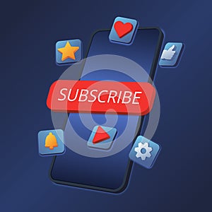 Subscription service app. Mobile phone with red subscribe button, bell, notification icon button. Concept of social