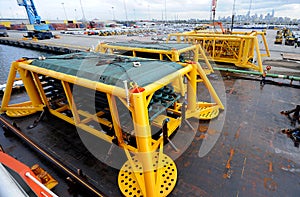 Subsea modules are part of a new offshore production platform during transportation.