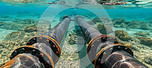 Subsea oil and gas pipeline metal conduit in blue ocean for underwater transport of resources