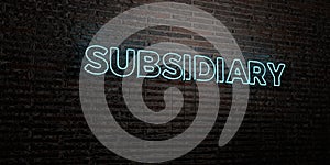SUBSIDIARY -Realistic Neon Sign on Brick Wall background - 3D rendered royalty free stock image