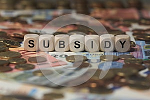 Subsidy - cube with letters, sign with wooden cubes
