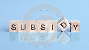 subsidy word is made of wooden building blocks lying on the blue table, concept