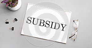 SUBSIDY is written in a white notebook next to a pencil, black-framed glasses and a green plant