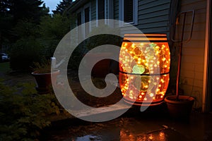 Substantial Brown rain barrel glowing near the house. Generate ai