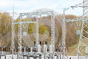 Substation line traps electric communication or high frequency stoppers, parallel resonant circuit. Metal constructions photo