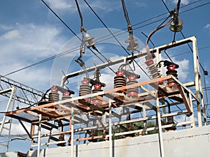 Substation railroad, ceramic and glass insulators with wires