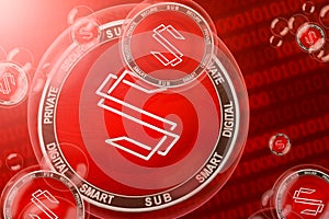 Substratum crash, bubble. Substratum SUB cryptocurrency coins in a bubbles on the binary code background