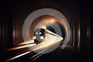 subterranean subway tunnel, with train speeding past and lights flashing