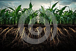 Subterranean Symphony: Corn Roots Harmonize with Earth. Concept Agriculture, Soil Health, Plant