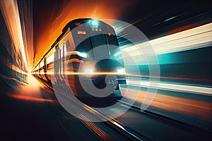 subterranean train, speeding through the tunnel, with blurred lights and reflections