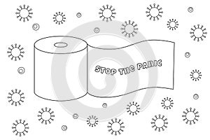 Subtle black and white toilet paper roll with Stop the panic text, simple linear illustration, vector