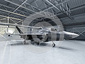 Subtle multifunctional fighter-bomber, fifth generation. Modern fighter in the hangar